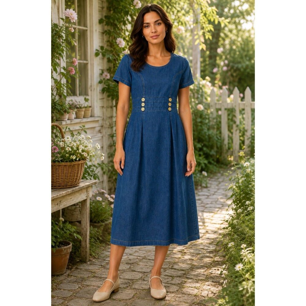 Vintage Route 66 Deadstock Chambray Denim Dress Women 14 Country Rustic Chic NWT